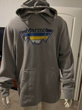 Marmot Gray Hooded Fleece with Blue and Yellow Mountain Logo